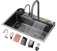 Évier en Acier Inoxydable 304, 1 Cuve, Cascade, Multifonction, avec Robinet, Panier De Vidange, Rondelle De Tasse, Système De Drainage, Montage Encastré Ou sous Plan., Gun Grey, 68x45x22cm