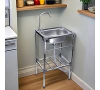 Évier en acier inoxydable Autoportant intérieur et extérieur,Éviers de sur Pied Cuisine à Une Cuve Avec Bonde Kit et Robinet D'évier de Restaurant Commercial,Facile À Nettoyer