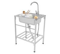 Évier en acier inoxydable avec panier - Évier autonome avec robinet d'eau froide et chaude - 60 x 45 x 75 cm - En acier inoxydable - Établi - Mobile - 1 bac - Évier de cuisine multifonction pour