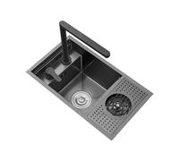 Évier en Acier Inoxydable Bol d'évier Noir et draineur Ensemble d'évier de Cuisine 1.5 Éviers de Cuisine de Bol avec Robinet de Levage de Couvercle Sauver l'espace 700 * 400 mm LWX