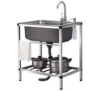 Évier en acier inoxydable - Évier commercial à une cuve pour cuisine, extérieur, jardin, buanderie, garage, salle de bain, avec robinet et pieds, conception autoportante, (robinet eau chaude