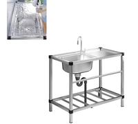 Évier en acier inoxydable, évier de cuisine de restaurant commercial, évier extérieur avec établi et étagère de rangement, avec robinet chaud et froid(90 * 42 * 75cm)