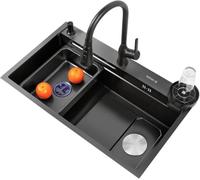 Évier en Acier Inoxydable Nano 304 à Montage Supérieur, Grande Capacité à Cuve Unique, Drain à Droite, Lave-gobelets, Robinet Extractible, Purificateur D’Eau, Black, 60 * 45cm