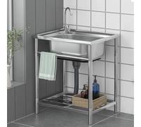 Évier en acier inoxydable sur pied à une cuve avec robinet et bonde pour restaurant, cuisine commerciale, extérieur, intérieur, bar, salle de bain (48 * 42 80 cm)