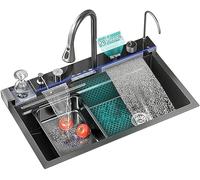 Évier en Cascade 304 en Acier Inoxydable Poste De Travail à Domicile RV Bar évier Affichage Numérique Fly Rain Extract-Out Robinet, Grey, 75 * 45 * 22cm