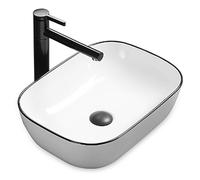 Évier en céramique avec bonde pop-up et robinet pour salle de bain moderne - Évier à poser sur le comptoir blanc pour la maison, la chambre d'amis et la décoration élégante de la salle de bain