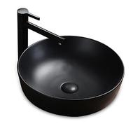 Évier en céramique noire avec bonde pop-up et robinet - Évier moderne à poser sur le comptoir pour meuble-lavabo, salle de bains de maison et d'invités - Design élégant et fonctionnel