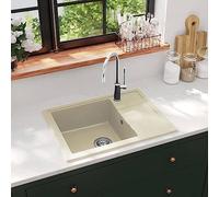 Évier en granit avec trop-plein ovale beige - Bac simple extra profond - Égouttoir latéral réversible - Montage au-dessus ou sous le plan de travail - Filtre d'évier inclus