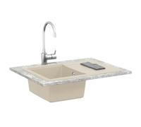 Évier en granit, beige, 670 x 460 mm, 80 % quartz, 20 % résine, résistant aux rayures, résistant à la chaleur, avec vidange et égouttoir pour cuisine, camping, atelier, extérieur
