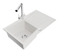 Évier en granit Cesar avec égouttoir et mitigeur Duero, blanc-chrome