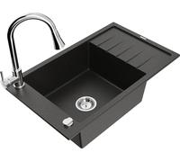Évier en granit Mexen Elias noir/or avec mitigeur, 1 bassin, chrome