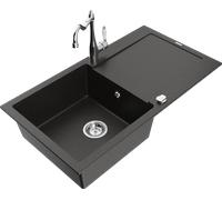 Évier en granit Mexen Leo avec égouttoir et mitigeur, noir/or