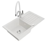 Évier en granit Mexen Pablo avec mitigeur, 1 bassin, blanc, chrome/blanc