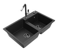 Évier en granit Mexen Tomas 2 chambres noir/argent avec robinet Flora
