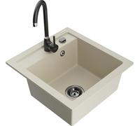 Évier en granit Mexen Vito beige avec robinet Telma, 1 chambre, vidange ø90 mm