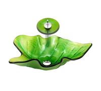Évier en verre trempé avec robinet cascade et bonde pop-up - Lavabo au-dessus du comptoir en forme de feuilles