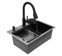 Évier encastrable - 55 x 40 x 20 cm - En acier inoxydable 201 - Robinet | Évier de cuisine 1 bac avec panier d'évacuation, distributeur de savon, lave-tasse, deux modes de sortie d'eau pour hôtels
