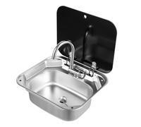 Évier encastrable en acier inoxydable avec couvercle rabattable noir, robinet et câbles de raccordement, 39 x 21 cm, pour camping-car, camping-car, bateau, camping, équipement de cuisine mobile