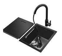 Évier encastrable noir avec couvercle, 45 x 40 x 21,5 cm, bol simple, robinet extractible et accessoires à clé - Idéal pour la cuisine et le bar, design élégant et fonctionnel