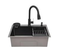 Évier encastrable rectangulaire en acier inoxydable noir 60 x 45 cm | Avec machine à laver à tasses, robinet à déglutition, distributeur de savon, panier d'égouttement, panier filtrant et