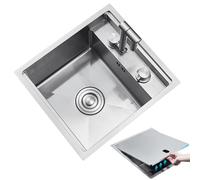 Évier encastré en acier inoxydable avec couvercle, robinet pliable gain de place, mini évier de bar à une cuve pour petite cuisine ou camping-car, avec bonde à siphon (39 x 43 x 23 cm)