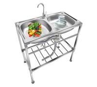 Évier Extérieur À Double Cuve Lavabo En Acier Inoxydable Sur Pied Avec Porte-serviettes Et Tablette De Rangement Evier Portable Robinets D'eau Chaude Et Froide Adaptés