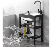 Évier extérieur de 70 cm de haut avec établi et étagère de rangement, évier de cuisine sur pied à un seul bol, avec tuyau d'eau froide et chaude(48 * 35cm)