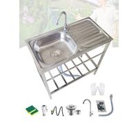 Evier Exterieur De Jardin En Acier Inoxydable Lavabo Commercial De Cuisine avec Robinet Et égouttoir 75x40xH75cm Évier Sur Pieds pour Garage/Camping/Intérieur/Appartement Facile à Nettoyer