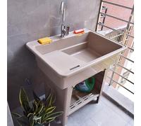 Évier Exterieur,Evier Buanderie Portable,Évier à Linge Autoportant en Plastique,Lavabo Utilitaire avec Robinet,Planche à Laver,pour Jardin,Garage,Sous-Sol,Installation facile(Marble color,68x58x80cm)