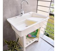 Évier Exterieur,Evier Buanderie Portable,Évier à Linge Autoportant en Plastique,Lavabo Utilitaire avec Robinet,Planche à Laver,pour Jardin,Garage,Sous-Sol,Installation facile(Wit,68x58x80cm)