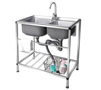 Évier extérieur, évier de cuisine à double bac, évier autoportant en acier inoxydable avec robinet eau chaude et eau froide pour buanderie, jardin, restaurant, facile à nettoyer (75×40×75cm)