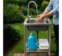 Évier Extérieur Jardin Sur Pied évier Professionnel Acier Inoxydable 1 Bac Avec Robinet Et Support Lavabo Mobile Portable Multifonction Pour Cuisine/Garage/Buanderie/Jardin,Facile à Nettoyer