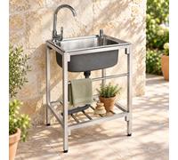 Évier extérieur sur pieds en acier inoxydable 304, robinet et égouttoir | Évier professionnel à un bac avec étagère pour buanderie, garage, jardin et cuisine d'été(48*35cm)