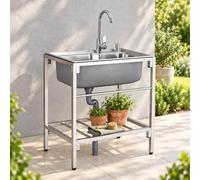 Évier extérieur sur pieds en acier inoxydable 304, robinet et égouttoir | Évier professionnel à un bac avec étagère pour buanderie, garage, jardin et cuisine d'été(68*44cm)