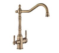 Évier Filtre en Laiton Antique 360 ° Robinet Pur de Boisson à l'arc à Arc, à Deux poignées à Double poignées de Cuisine à Eau Chaude et à Eau Froide