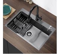 Évier Gris-noir 68x45x19CM Évier Cuisine 1 Bac en Acier Inox Évier à Encastrer avec Distributeur de savon et Égouttoir panier