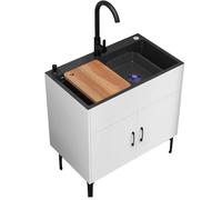 Évier industriel portable en acier inoxydable avec double armoires et pieds réglables, robinet mélangeur à froid et drain - Idéal pour le linge et une utilisation commerciale