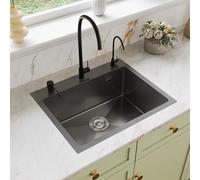 Évier inox 1 bac DeerValley 55cm x 45cm avec robinet, grand évier de cuisine à cuve unique en acier inoxydable noir avec panier égouttoir rétractable, filtre pop-up pour évier