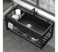 Evier Inox 1 Bac,Lavabo Cuisine en Acier Inoxydable,Évier Buanderie Muraux Noir avec Robinet,Meuble Lave-Mains à Suspendre avec lavabo,Lavabo Suspendu Moderne,pour Extérieur,Restaurant,Garage,Jardin(8