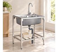 Évier inox 304 avec robinet, égouttoir et étagère de rangement inférieure | Évier professionnel sur pieds à un bac pour buanderie, garage, jardin et cuisine extérieure(68*44cm)