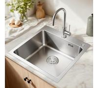 Evier Inox 48 x 48 cm avec Filtre de Vidange, à Poser avec Trous pour Robinets et Distributeurs de Savon, avec siphon, Topmount acier inoxydable Noir