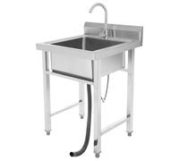 Evier Inox Autoportant Cuisine, Evier Utilitaire Inox Professionnel, Robinet Rotatif 360°, Panneau Anti-Éclaboussures, Grande Capacité, Facile à Installer, Garage Buanderie, 60x60x93cm
