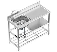 Évier Inox de Cuisine 1 Bac Professionnel avec Banc de Travail, 120 x 50 x 94 cm Évier Inox Commercial avec Robinet, Évier Extérieur Autoportant, Plonge Inox pour Cuisine, Restaurant, Garage, Jardin