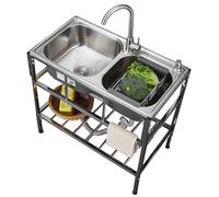 Évier Inox de Cuisine 2 Bac Professionnel avec Robinet, Évier de Restaurant Commercial avec Kit de Vidange et Étagère de Rangement pour Garage, Jardin, 83 * 44 * 85 CM