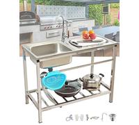 Évier Inox De Cuisine Indépendant Évier Utilitaire Avec Robinet Et Étagères De Rangement Extérieur Évier De Jardin Avec Banc De Travail 2 Brosses En Éponge Evier De Commercial Pour Garage Buanderie(Si