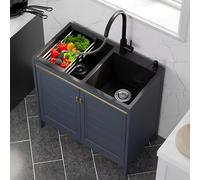 Évier INOX Double Bac avec Meuble,Évier INOX de Cuisine 2 Bac Professionnel avec Robinet,Meuble de Base avec 2 Portes,évier Buanderie Indépendant,pour Restaurant,Blanchisserie,Cuisine,Salle De Bain