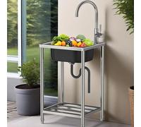 Evier inox Extérieur avec Robinet Chaud et Froid,Éviers De Cuisine Commercial 1 Bac Mobile Évier Sur Pieds Lavabo de Jardin Portable Multifonctionnel,pour Restaurant Garage
