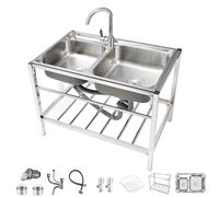 Evier Inox Exterieur Indépendant Évier Professionnel Inox 2 Cuves Évier Autoportant Pour Extérieur Avec Robinet Rotatif 360° Et Drain Évier Utilitaire Pour La Maison Blanchisserie(74x41x75cm)
