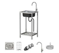 Évier Inox Professionnel Autoportant 38X33cm, Evier Exterieur Lavabo Mobile Evier Multifonction Avec Robinet Inox Lavabo Sur Pied Évier Commercial pour Garage Jardin Camping Cuisine 38X33cm