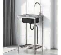Évier Inox Professionnel de Cuisine 1 Bac avec Robinet 60 x 45 x 82 cm - Commercial Autoportant Pour Buanderie, Camping, Entrepôt
